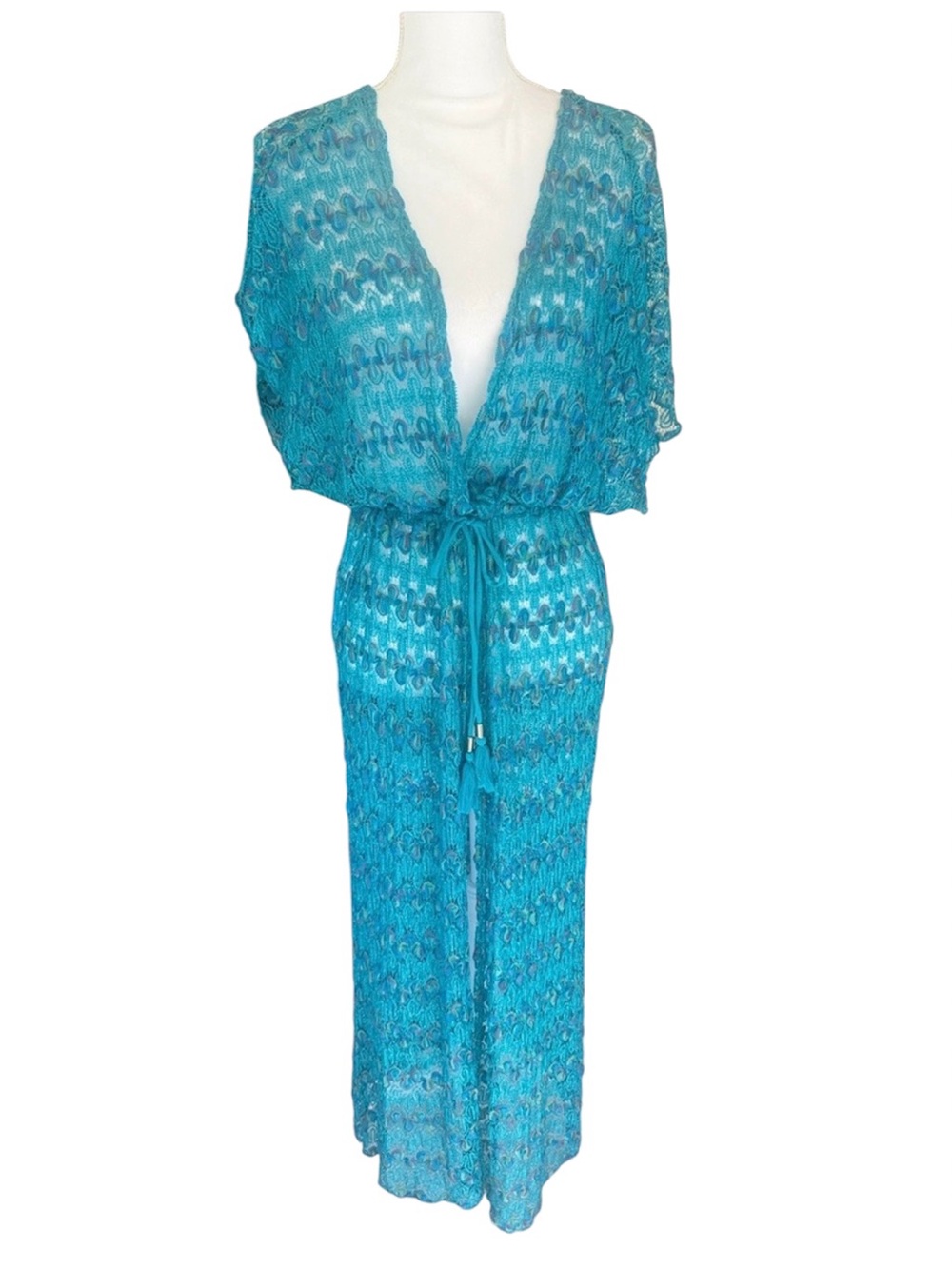 Beach Mermaid Resort lace maxi bathing suit cover-up teal turquoise blue shimmer